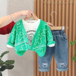 Clothing Sets Spring baby letter long sleeve suit 0-5 years old children's knitting cardigan jeans three piece simple sportswear 231019