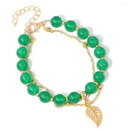 Strand Natural Chalcedony Bracelet For Women Stone Green Jades Beads Bangles Gold Colour Leaf Charm Chain Female Jewellery Gift