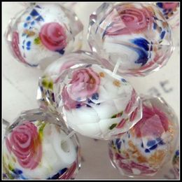 Lampwork Glass Beads Pink Flower Royal Blue Leaves Inside Faceted 80Pcs Rondelle White Glass Beads 12MM1 13030427280F