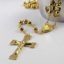 High Quality Never Fade Gold Plated Stainless Steel Buddhist Rosary Necklace Crucifix Round Beads Chain 28 4 5 Fine Gift Uni233O