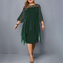 Plus Size Dresses 4XL 5XL 6XL Lace Mesh Sexy Elegant Midi Party Dress Red Black Green Purple Loose Hellow Women's Clothing214N