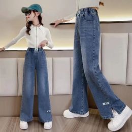 Jeans Casual Style Jeans For Girl Teenage Clothes Elastic High Waist Denim Wide Leg Pants Spring Big Kids Straight Trousers 231019