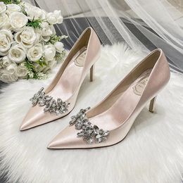 Dress Shoes Wedding Chinese Restro Bride Pumps Champagne Satin Bridesmaid Stiletto High Heels Rhinestone Flower Party