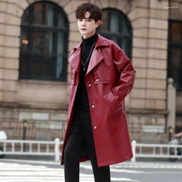 Men's Trench Coats 2023 Autumn Korean Style Unique Design PU Leather Men Casual Loose Red Windbreaker For M-3XL