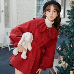 Women's Jackets Women Japanese Sweet Cute Doll Collar Woollen Coat Christmas Red Retro Overcoat Cotton Thickened Lantern Sleeve Elegant