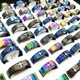 Whole 100pcs Lord's Prayer in English cross Stainless Steel Rings Men Women Fashion God the serenity prayer Ring mix colo263G