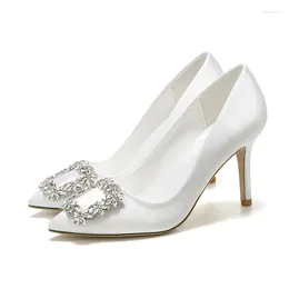 Dress Shoes Pointed Toe Silver Rhinestone Square Buckle Pumps Women White Satin Wedding Bride Crystal Daily Wear High Heel