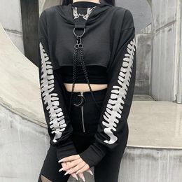 Women's Hoodies Metal Chain Fashion Print Cropped Black Goth Hoodie Women Fall 2023 Punk Techwear O-neck Reflective Clothes Autumn