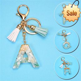 26 English Alphabet Keychain Tassel Fashion Pendant Accessories Stone Gold Foil Resin Key Ring Simple for Men and Women