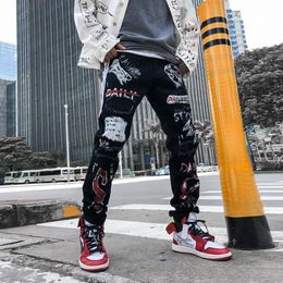 Men's Jeans High Street Hole Retro Graffiti Black Skull Original Straight Slim Punk Pants Calca Masculina Denim Trousers2808