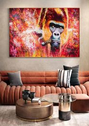 Abstract Animal Gorilla Smoking Cigar Canvas Painting Posters and Prints Wall Art Picture for Living Room Home Decor Cuadros1902000