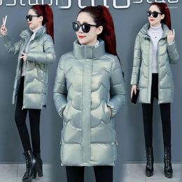 Women's Trench Coats Autumn Glossy Down Cotton Clothes Women Winter Parkas Fashion Stand Collar Mid-Length Thick Padded Jacket Female