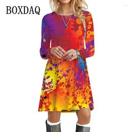 Casual Dresses Splash-Ink For Women 2023 Autumn Winter Long Sleeve Streetwear Loose Dress Tie Dye Print Hip Hop Mini