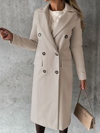 Womens Wool Blends Woolen Coat Women Autumn Winter Long Jacket Ladies Vintage Double Breasted Overcoat Female Elegant Casual Solid Color Coats 231019