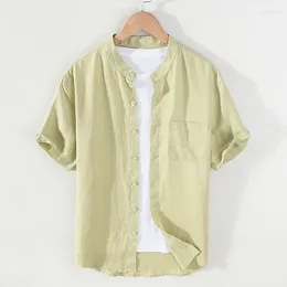 Men's Casual Shirts Pure Linen Shirt Short Sleeved Summer Clothing Chinoiserie Retro Collar Top Daily Male