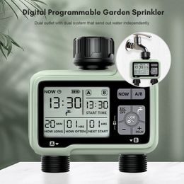 Watering Equipments 2Outlet Digital Water Timer IPX5 Waterproof Programmable Garden Sprinkler with Large LCD Display 231019