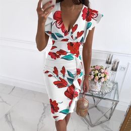 Casual Dresses Women Floral Print Summer Clothes V-neck Butterfly Sleeve Ruffle Party Midi Dress Robe Slim High-Waisted2651