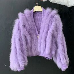 Womens Fur Faux Autumn Winter Loose Casual Large Size Women Handmade Knitted Natural Genuine Leather Jacket Fashion Purple Sweater 231018