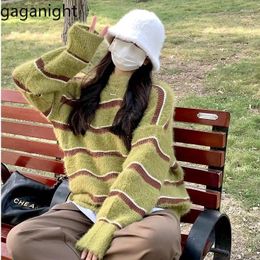 Women's Sweaters Gaganight Women Gentle Style Mohair O Neck Striped Sweater 2023 Autumn Winter Colour Contrast Loose Knitted Shirt High End