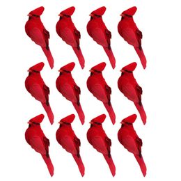 Christmas Decorations 12Pcs Clipon Artificial Red Ornaments Feathered Bird Xmas 231018