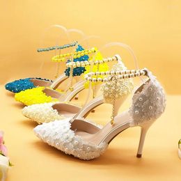 Dress Shoes White/purple/pink/green/bkue Small Lace Flower Party Pointed Toe Thin Heel Wedding Shoe Summer Sandal 8cm