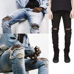 Whole- Fashion Men Straight Slim Pants Denim Jean Pants Ripped Skinny Trousers New Men's Jeans Clothes246A