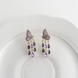 Dangle Earrings Korean Fashion Sweet Temperament Butterfly Drop Female Tassel Long Chain Purple Crystal Pendant