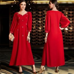 Ethnic Clothing 2023 Women Handcrafted Beads Abaya Dress Vintage Red Vestidos Dubai Islamic Evening Party Gown Turkey Caftan Robe S-2XL