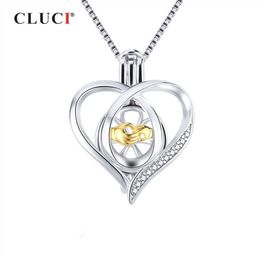 CLUCI 925 Locket for Women Necklace Jewelry Making 925 Sterling Silver Heart Zircon Pearl Cage Pendant SC362SB279O