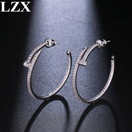 LZX New Trendy Big Round Loop Earring White Gold Colour Luxury Cubic Zirconia Paved Hoop Earrings For Women Fashion Jewelry293A