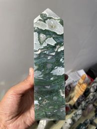 Decorative Figurines Natural Large Moss Agate Crystal Tower Mineral Mace Dot Wand Reiki Treatment Healing Home Decor