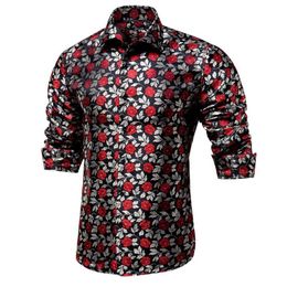 Men's Casual Shirts Hi-Tie Silver Red Rose Floral Men Shirt Luxury Silk For Wedding Dress Fashion Slim Fit Long Sleeve Drop173r