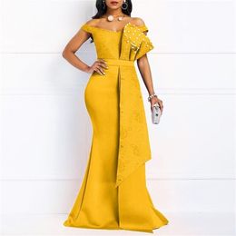 Yellow Dress Long For Women Off Shoulder Sexy Mermaid Beads Skinny Prom Floor Length Evening Dinner Wedding Party Maxi Dresses 210337D