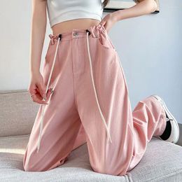 Women's Jeans Pink Drawstring Waist Straight For Women Summer Loose Pockets Denim Wide Leg Pants Female Spring Jean Trousers 850