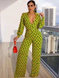 Women's Two Piece Pants Autumn Winter For Printed Sexy Deep V Neck Jumpsuit Fashion Slim Wide Leg Simple Elegant Female Officejumpsuit