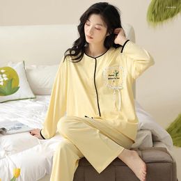 Women's Sleepwear High Quality Women Cotton Pajamas Set Spring Solid Long Sleeve Female 2 Piece