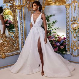 Gorgeous Pearls Wedding Dresses Deep V Neck Bridal Gowns Side Split Beaded A Line Tulle Sweep Train Vestido De Novia