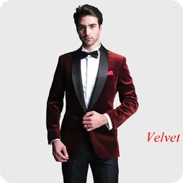 Men's Suits Smoking Jacket Burgundy Velvet Men Black Shawl Lapel Wedding Suit Slim Fit Groom Tuxedos Tailored Man 2Piece Ceremony