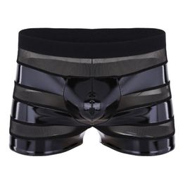 Men Sexy Lingerie Bikini Wetlook Faux Leather Mesh Patchwork Stripe Low Waist Boxer Shorts Briefs Underwear Latex Panties M-2XL Wo271l