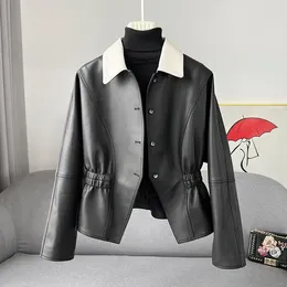 Women's Leather Spring 2023 Short Fit Small Elastic Waist Coat Sheepskin Square Neck Jacket Slim