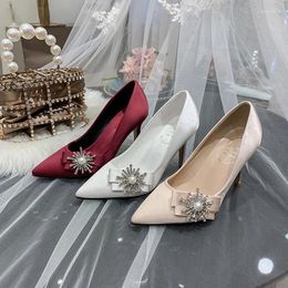 Dress Shoes Women Wedding Pointed Toe Champagne Bride Pumps Slip-on Crystal Rhinestone Stiletto High Heels Bridesmaid