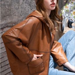 Womens Leather Faux Hooded Coat Spring And Autumn Loose Cape Genuine Female Casual Sheepskin Outerwear 231018