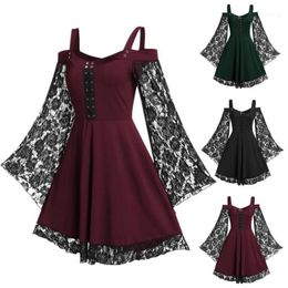 Women Medieval Style Gothic Dress Halloween Costumes Off Shoulder Lace Bell Sleeve Lady Blouse Party Vintage Bandage Dresses12342