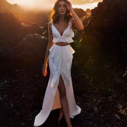 Evening Dresses White Prom Party Gown Ivory New Zipper Plus Size Custom Lace Up Satin Mermaid V-Neck Thigh-High Slits Two Pieces Floor-Length Sleeveless