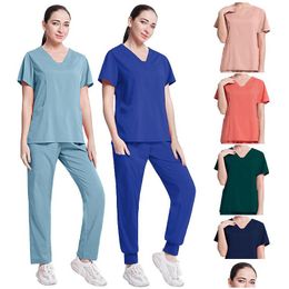 Womens Two Piece Pants Solid Colour Spa Threaded Clinic Work Suits Tops Unisex Scrub Pet Nursing Uniform Drop Delivery