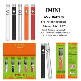 China Supplier Authentic Imini AVV 380mah variable voltage preheating battery e cigarette 510 thread for thick oil vape cartridges 3.3-4.8v for Vapor Vapers Carts USA