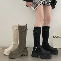 Boots Women Platform Knee-High Ladies Increase Height Super High 6cm Stretch Knitted Sock Long Thick Bottom Warm Shoes 231019