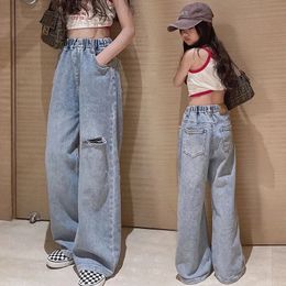 Jeans spring Girls clothes Kids straight Ripped Hole Loose Jeans Elastic Waist Trousers Child Teen Denim Wide Leg Pants miss 231019