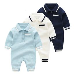 Rompers Autumn Winter Baby Boys Rompers Cotton Knitted Turndown Collar Long Sleeve Infant Boys Sweater Onesie born Boys Bodysuit 231019