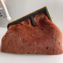 Women Handbag Fende First 2023 Hot Sell Mink Fur Mouth Gold Clip Fende Cloud High End Saddle Crossbody Fashion Warm Autumn Winter X